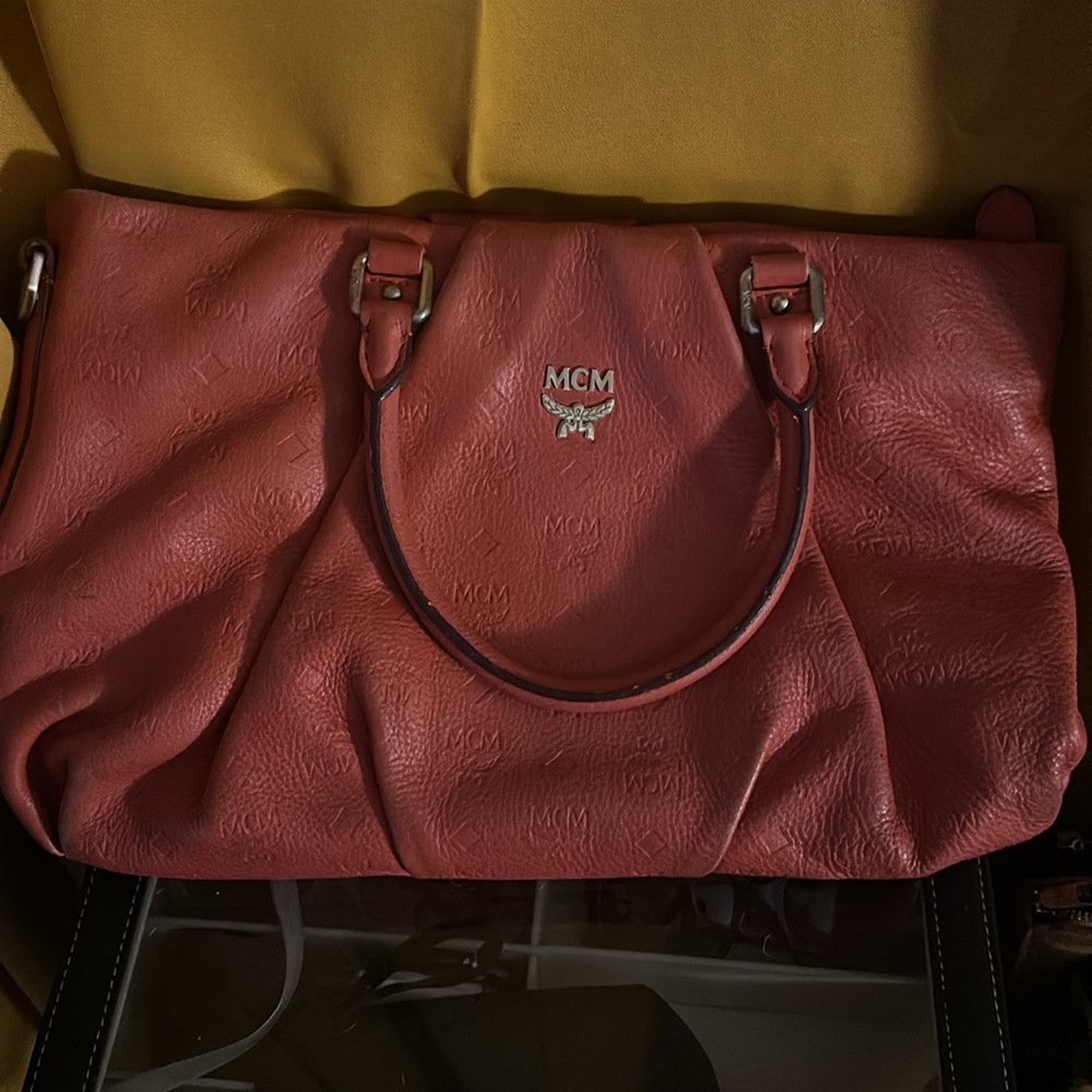 Authentic MCM Coral Leather Bag with gold Logo Plate and hardware